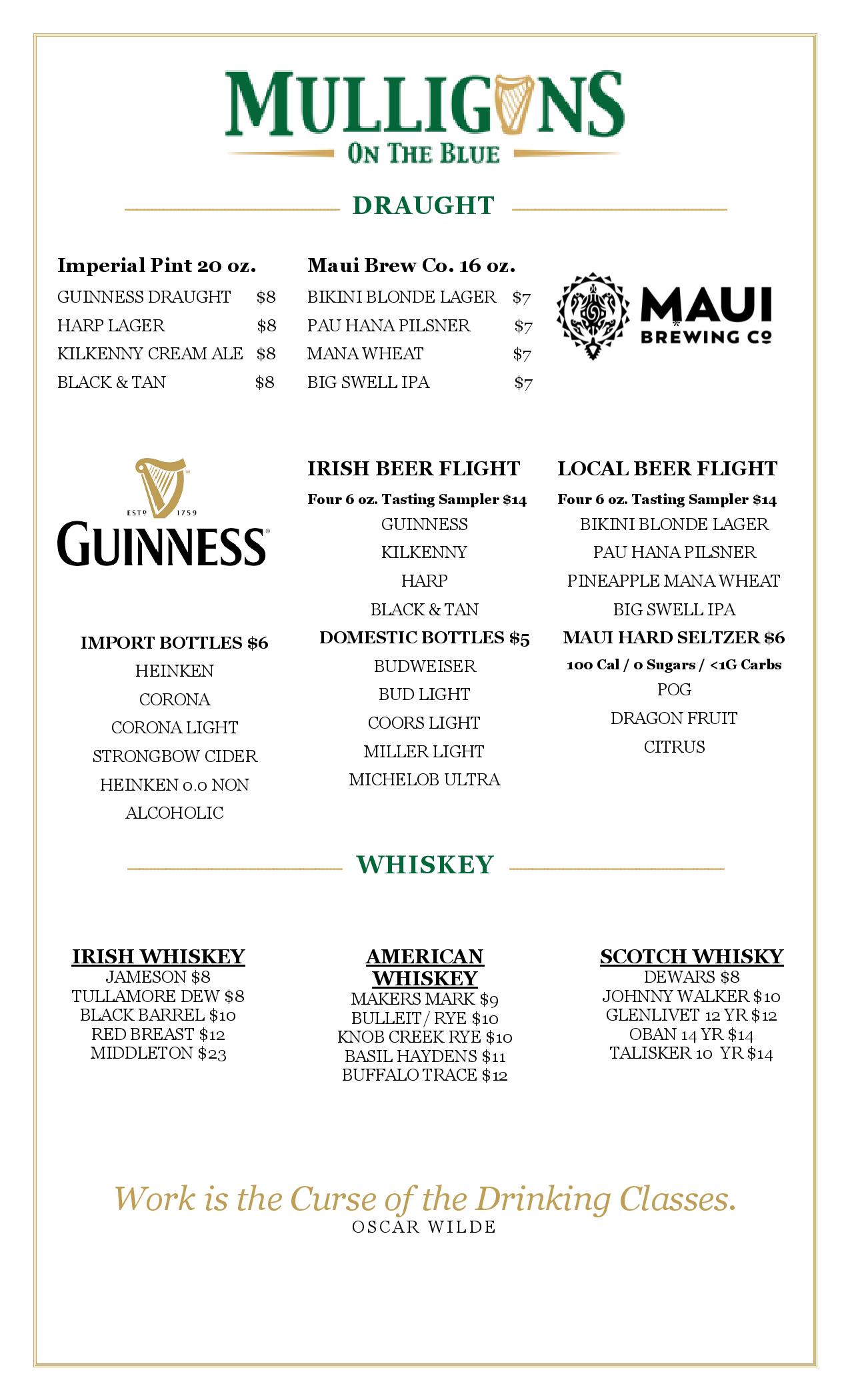 Mulligans drink menu