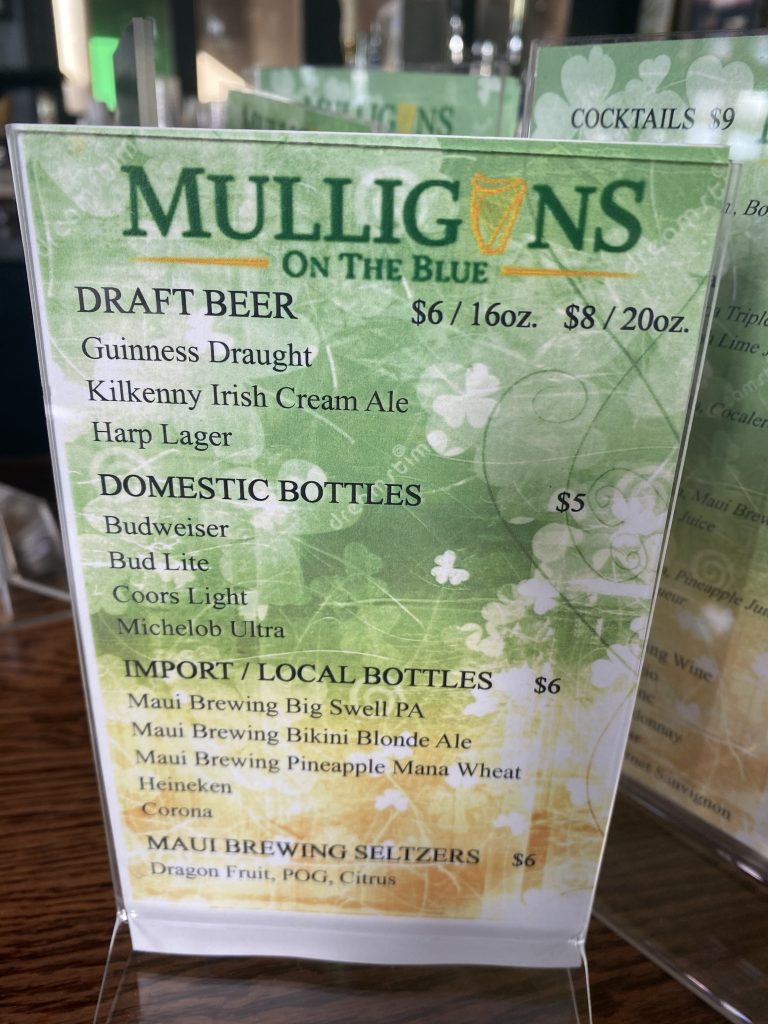 Mulligans beer menu Maui Irish Pub